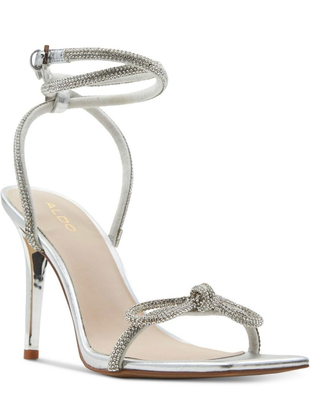 Aldo Silver Crystal Knot Ankle-Wrap Heels